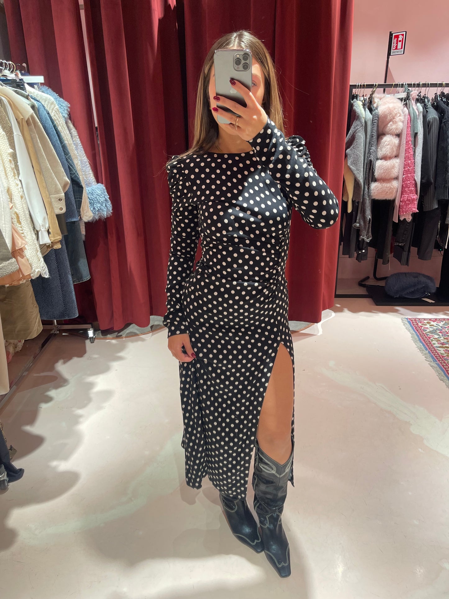 Chloe - Abito Manica Lunga • Pois Medio Nero Mar de Margaritas