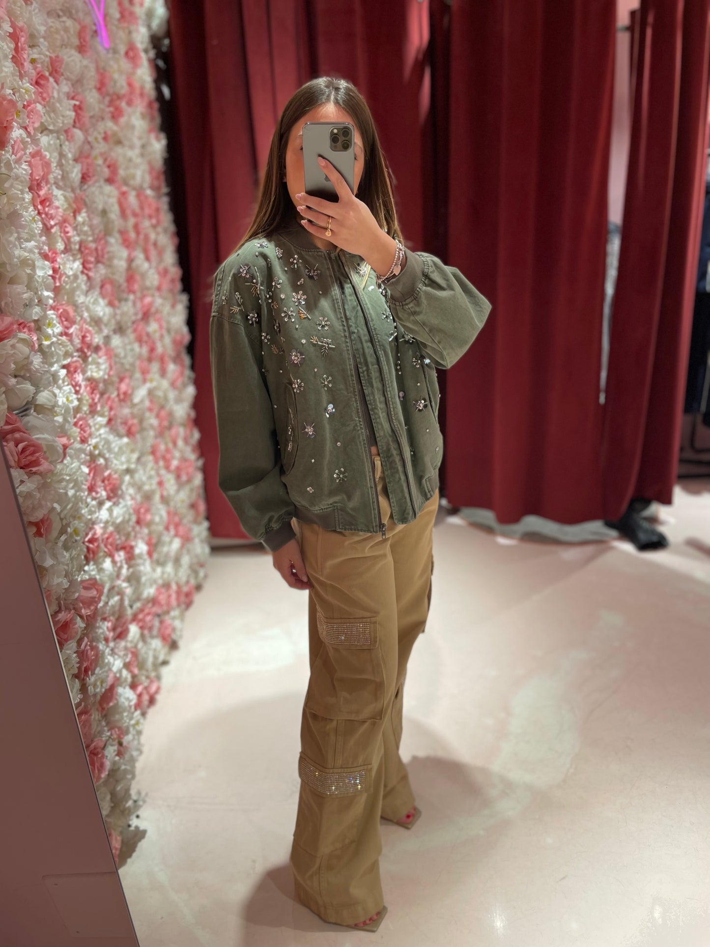 BOMBER IN COTONE RICAMATO A MANO CON TASCHE ODI ET AMO