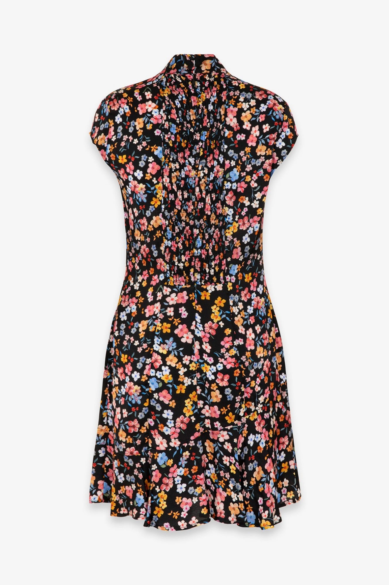 Swami - Abito Corto Mezza Manica, Collo Alla Coreana Con Volant Sul Fondo • Bouquet Nero Mar de Margaritas