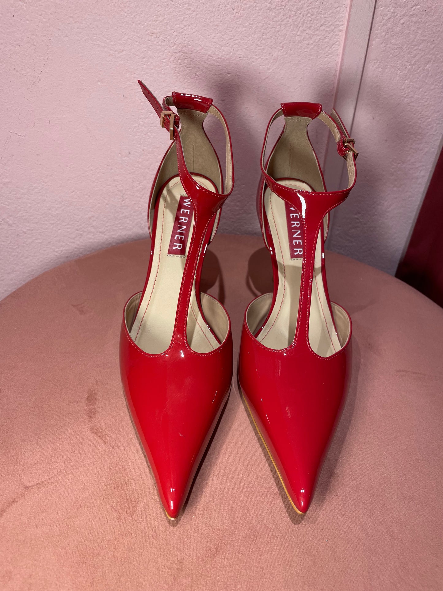 Décolleté vernice rossa tacco oro Werner