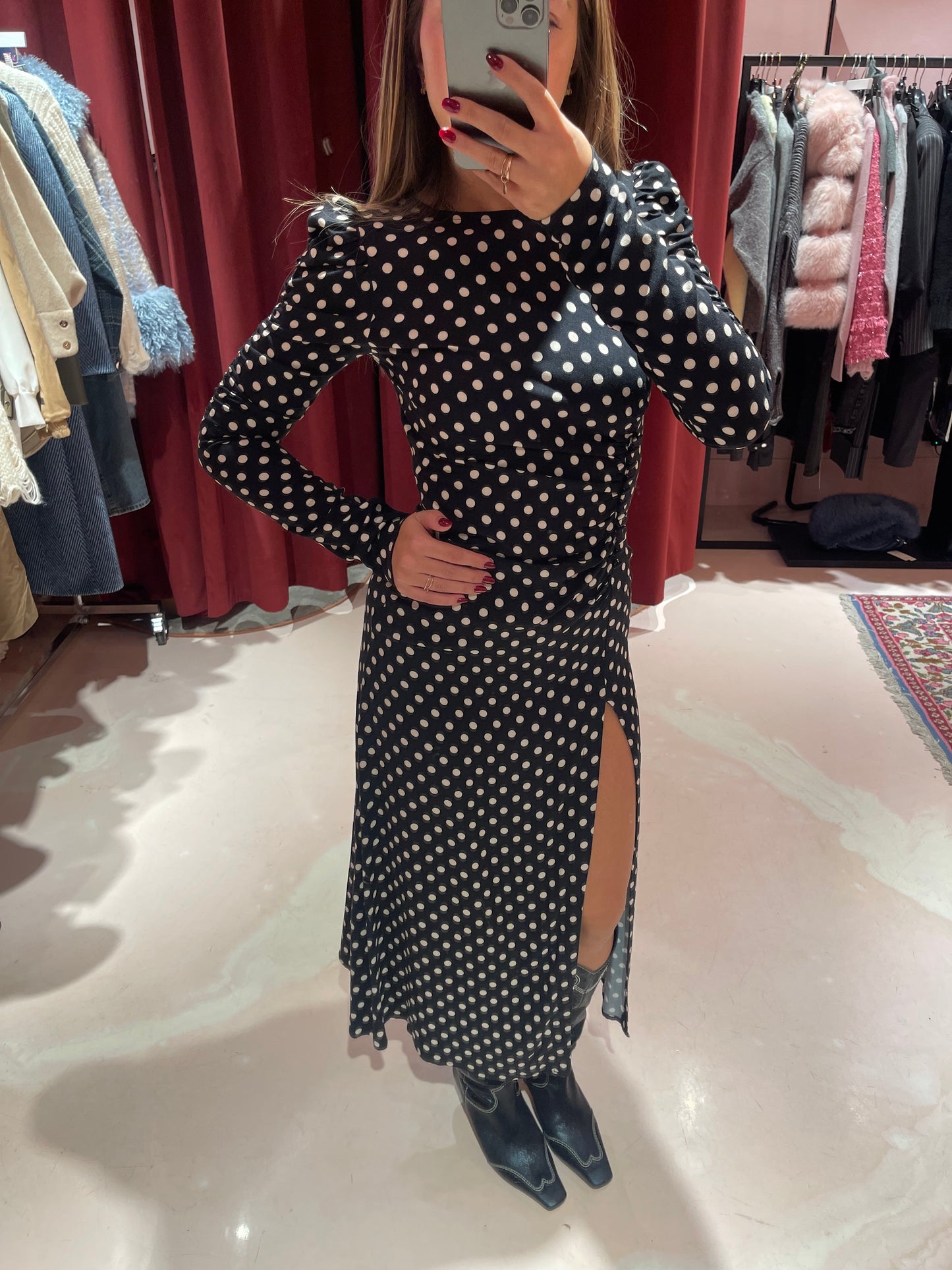 Chloe - Abito Manica Lunga • Pois Medio Nero Mar de Margaritas