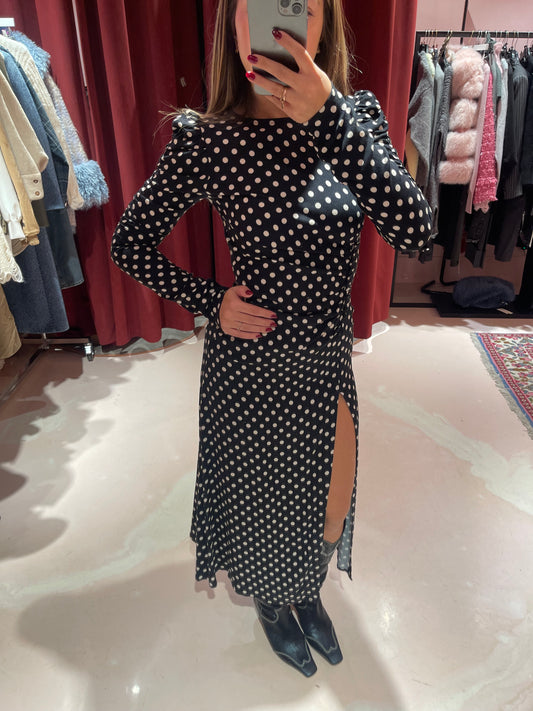 Chloe - Abito Manica Lunga • Pois Medio Nero Mar de Margaritas