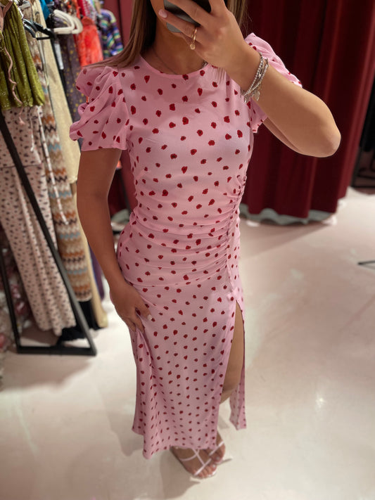 Kristel - Abito Midi Con Drappeggio E Bottoncini In Crepe Con Spacco Laterale • Rose Rosa Mar de Margaritas