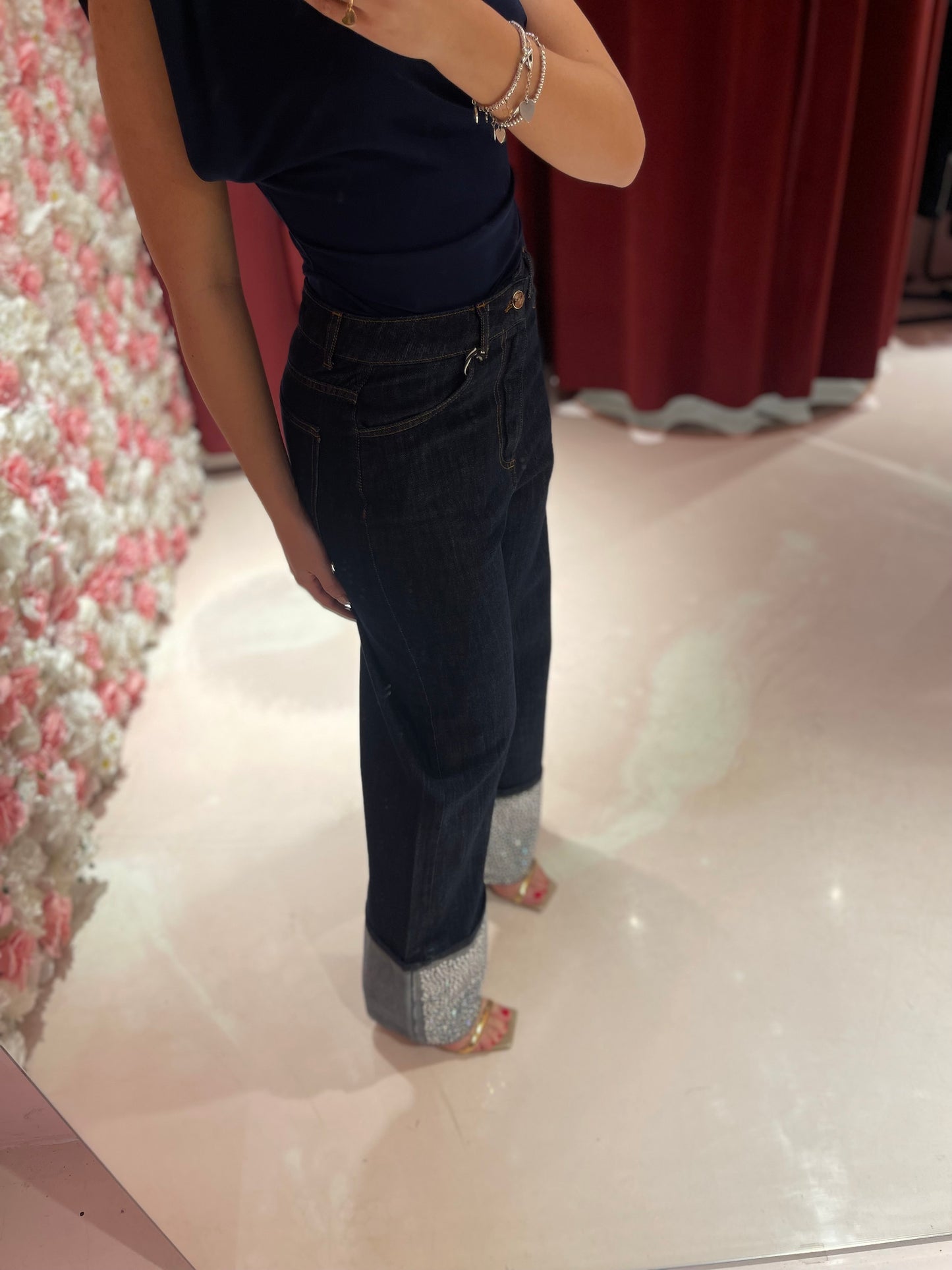 DENIM CON RISVOLTO STRASS GAMBA LARGA ODI ET AMO