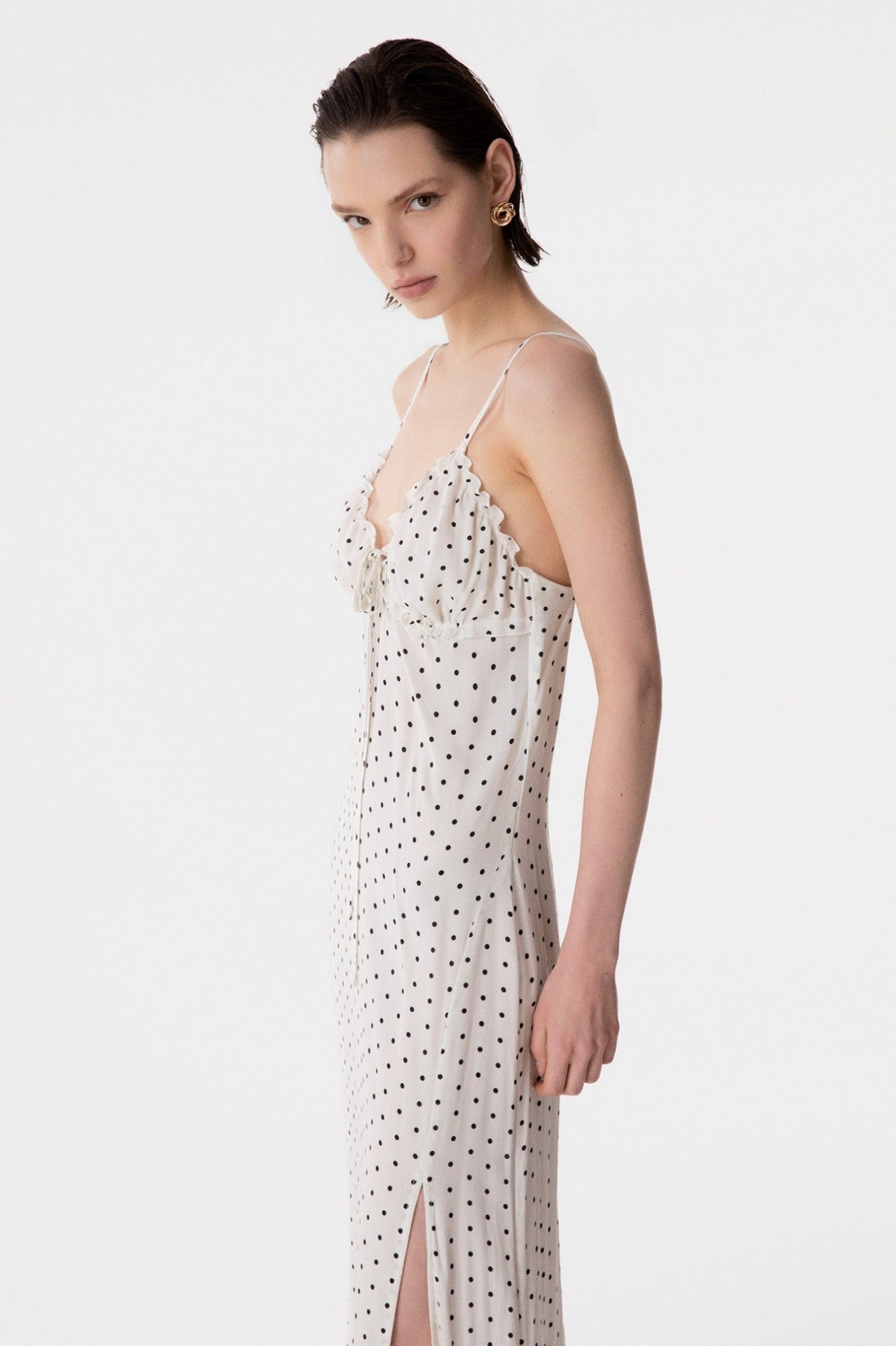 Riley - Abito Lungo Dritto In Crepe Con Arricciature Sul Seno • Petitpois Ecru Mar de Margaritas