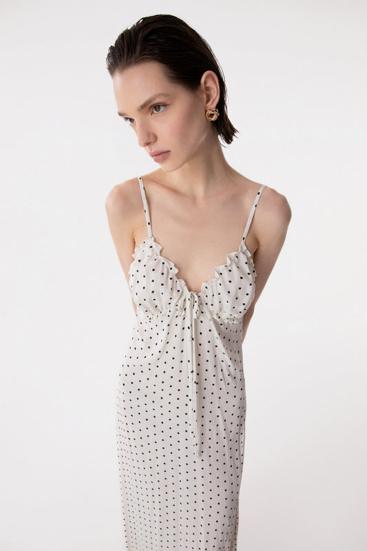 Riley - Abito Lungo Dritto In Crepe Con Arricciature Sul Seno • Petitpois Ecru Mar de Margaritas