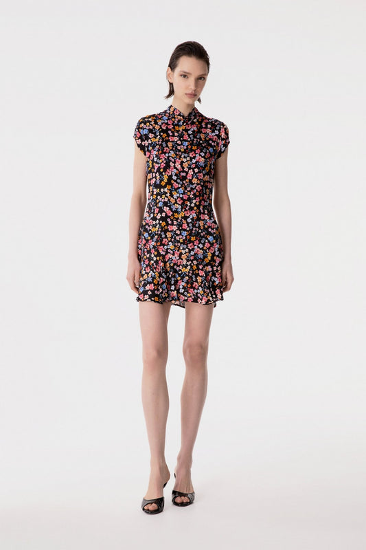 Swami - Abito Corto Mezza Manica, Collo Alla Coreana Con Volant Sul Fondo • Bouquet Nero Mar de Margaritas