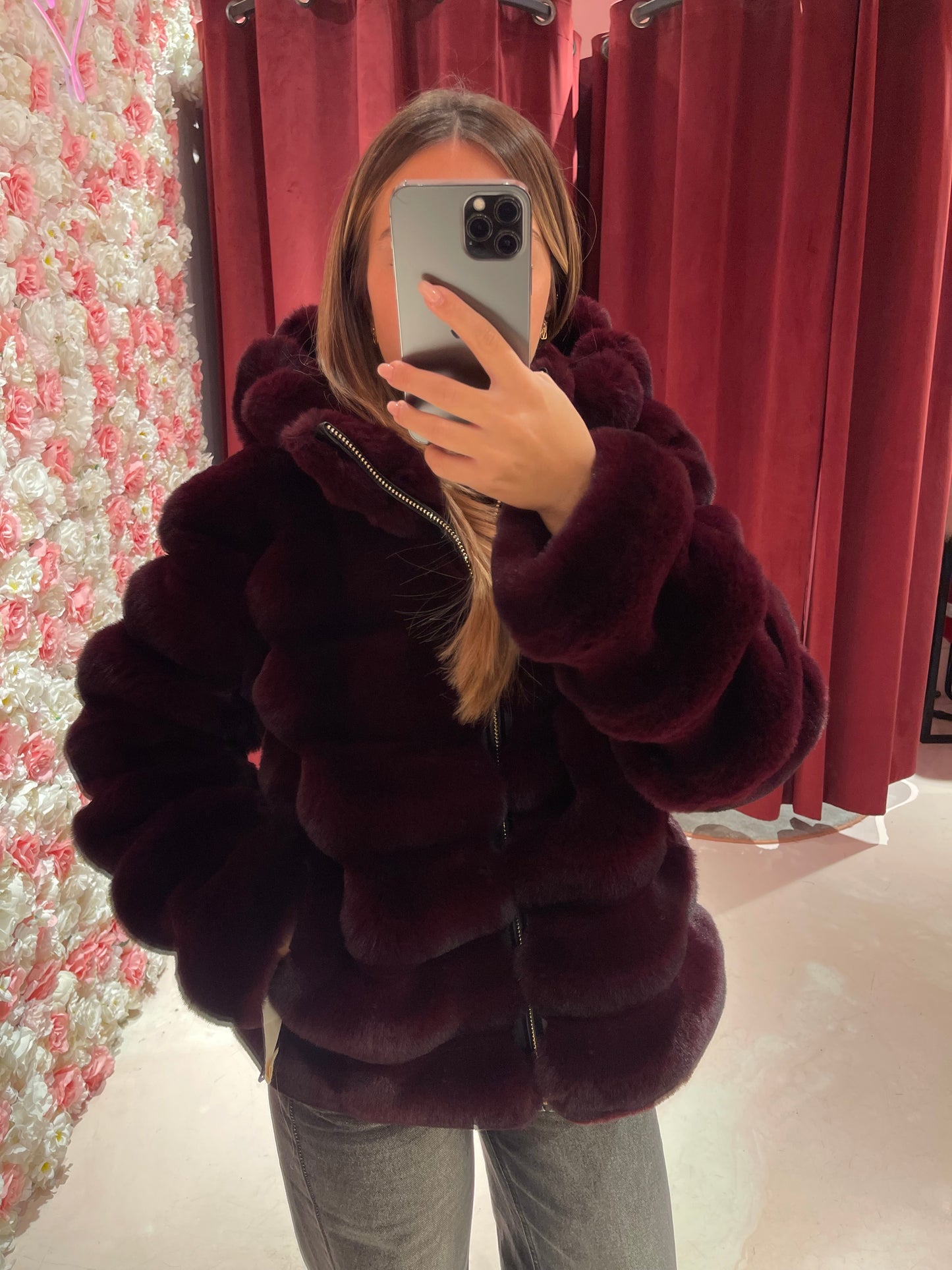 Eco pelliccia vino con cappuccio Uc