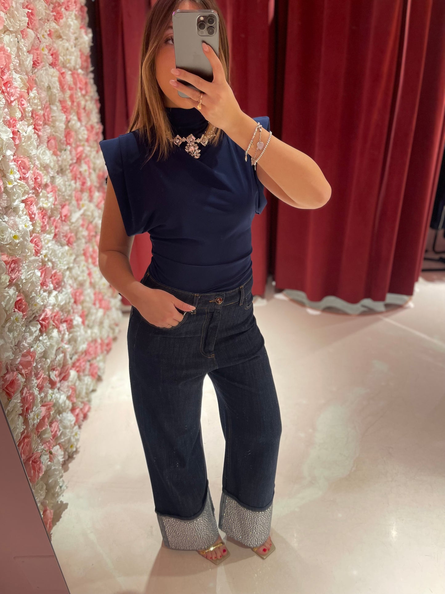 DENIM CON RISVOLTO STRASS GAMBA LARGA ODI ET AMO