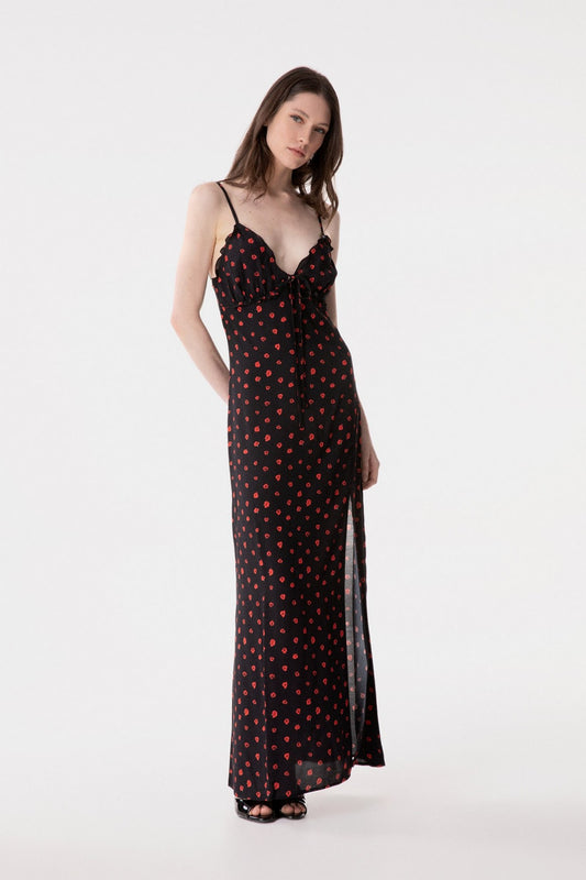 Riley - Abito Lungo Dritto In Crepe Con Arricciature Sul Seno • Rose Nero Mar de Margaritas