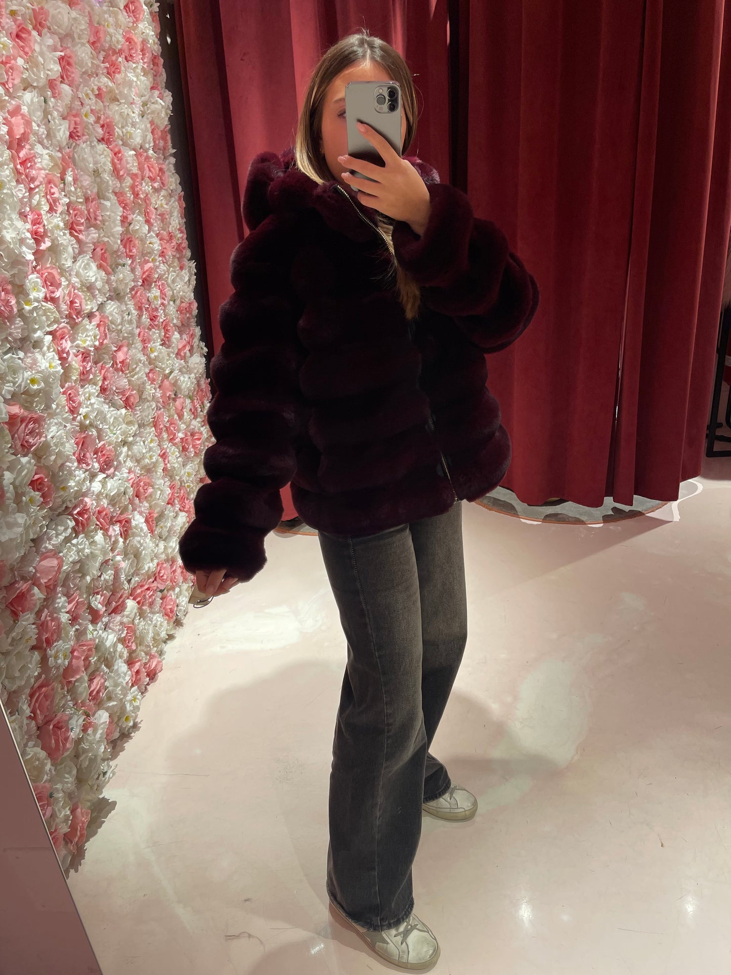 Eco pelliccia vino con cappuccio Uc