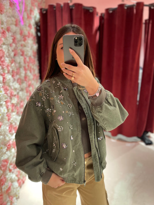 BOMBER IN COTONE RICAMATO A MANO CON TASCHE ODI ET AMO