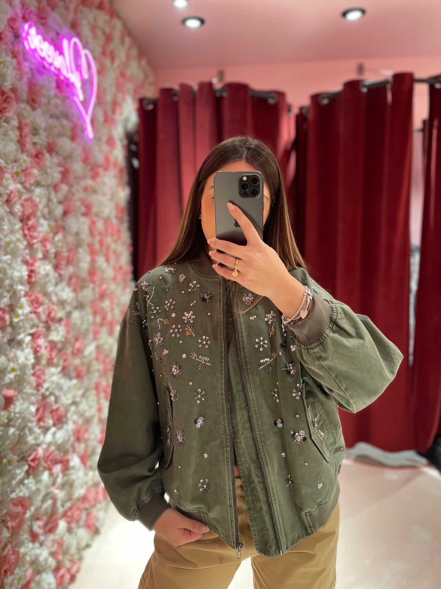 BOMBER IN COTONE RICAMATO A MANO CON TASCHE ODI ET AMO