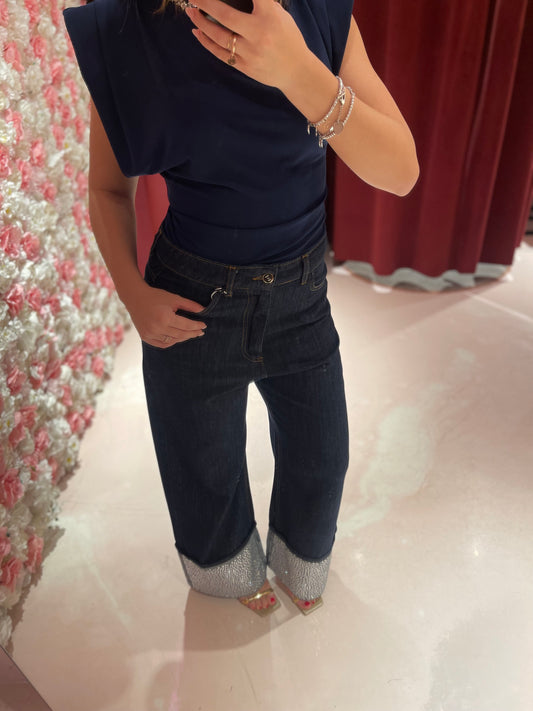 DENIM CON RISVOLTO STRASS GAMBA LARGA ODI ET AMO