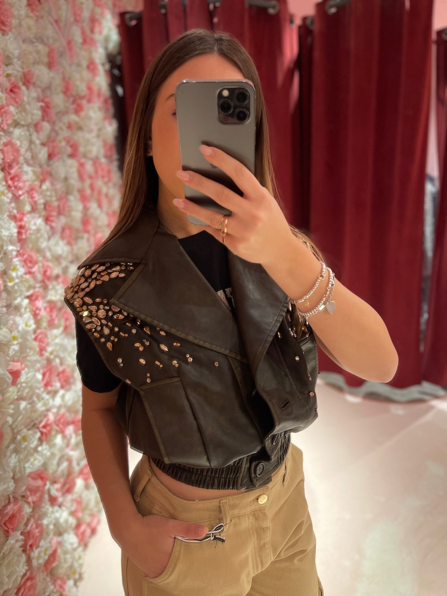 GILET CROP IN ECOPELLE RICAMATO A MANO ODI ET AMO