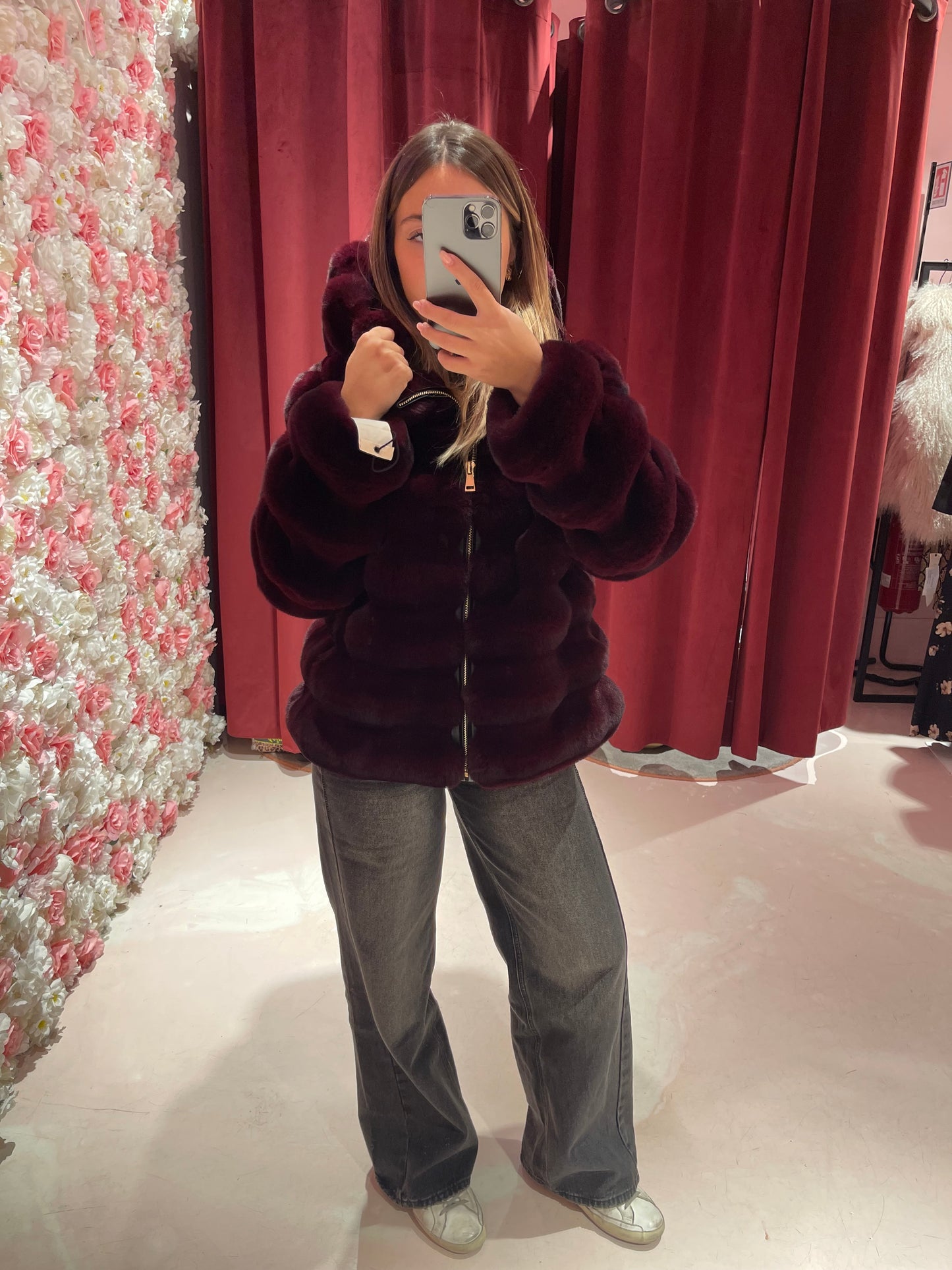 Eco pelliccia vino con cappuccio Uc