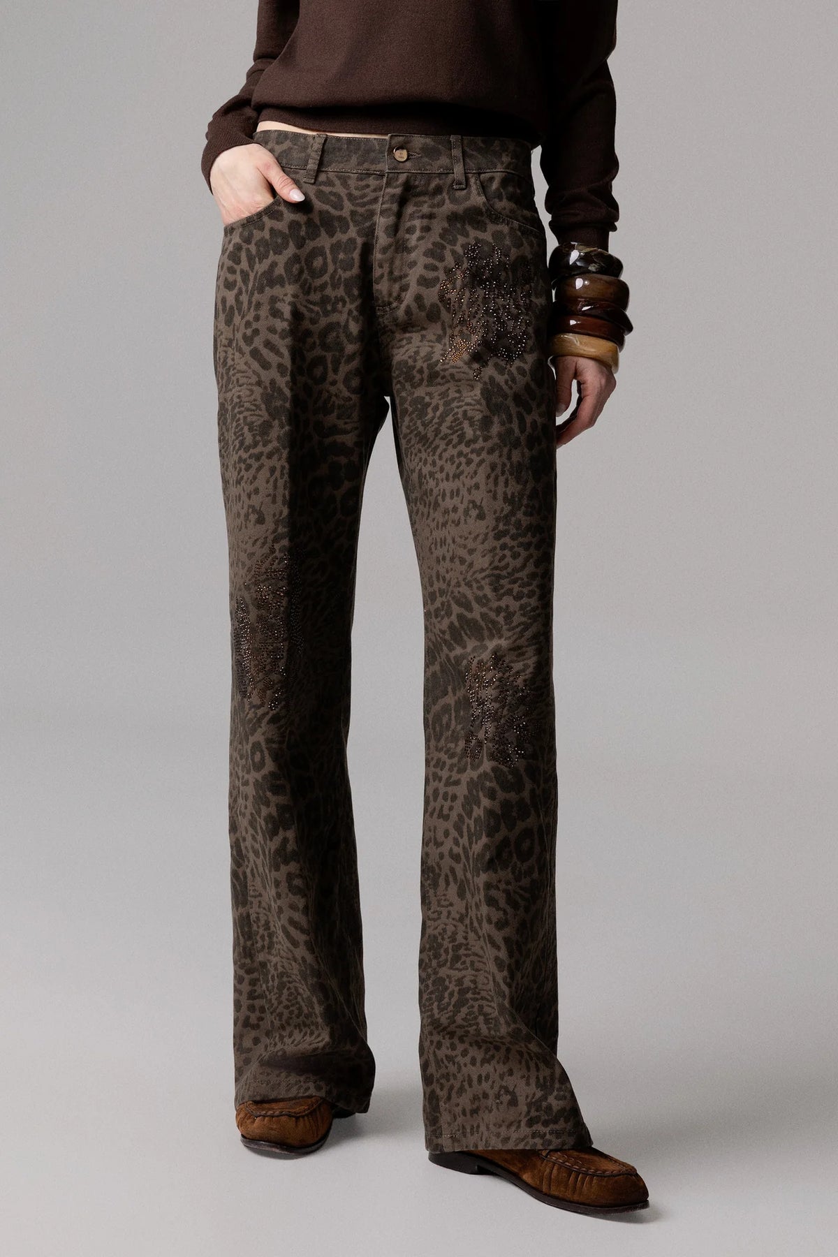 PANTALONI WIDE LEG MACULATI CON STRASS ODI ET AMO