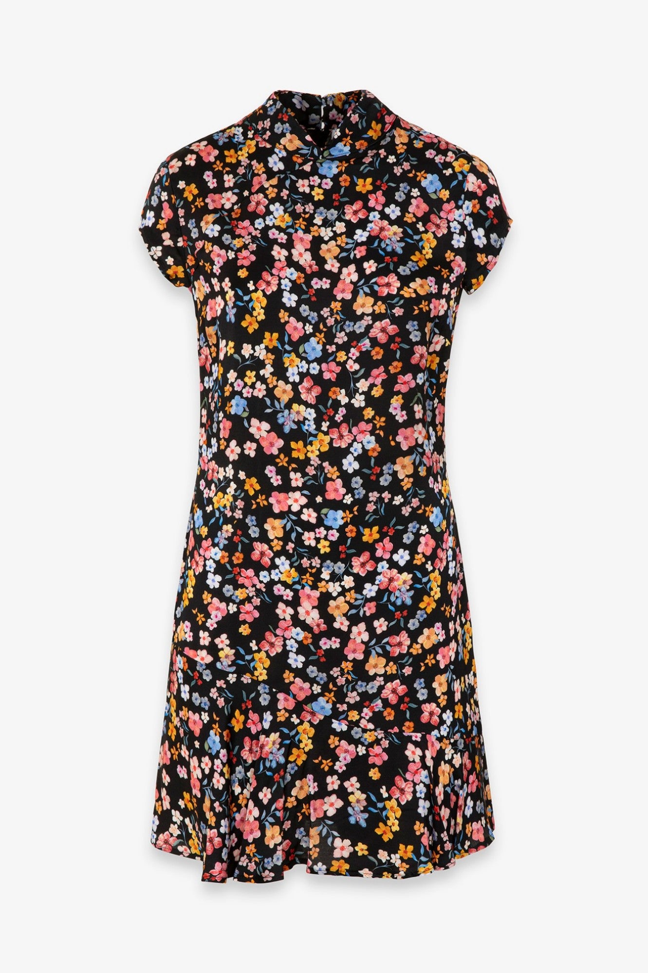 Swami - Abito Corto Mezza Manica, Collo Alla Coreana Con Volant Sul Fondo • Bouquet Nero Mar de Margaritas