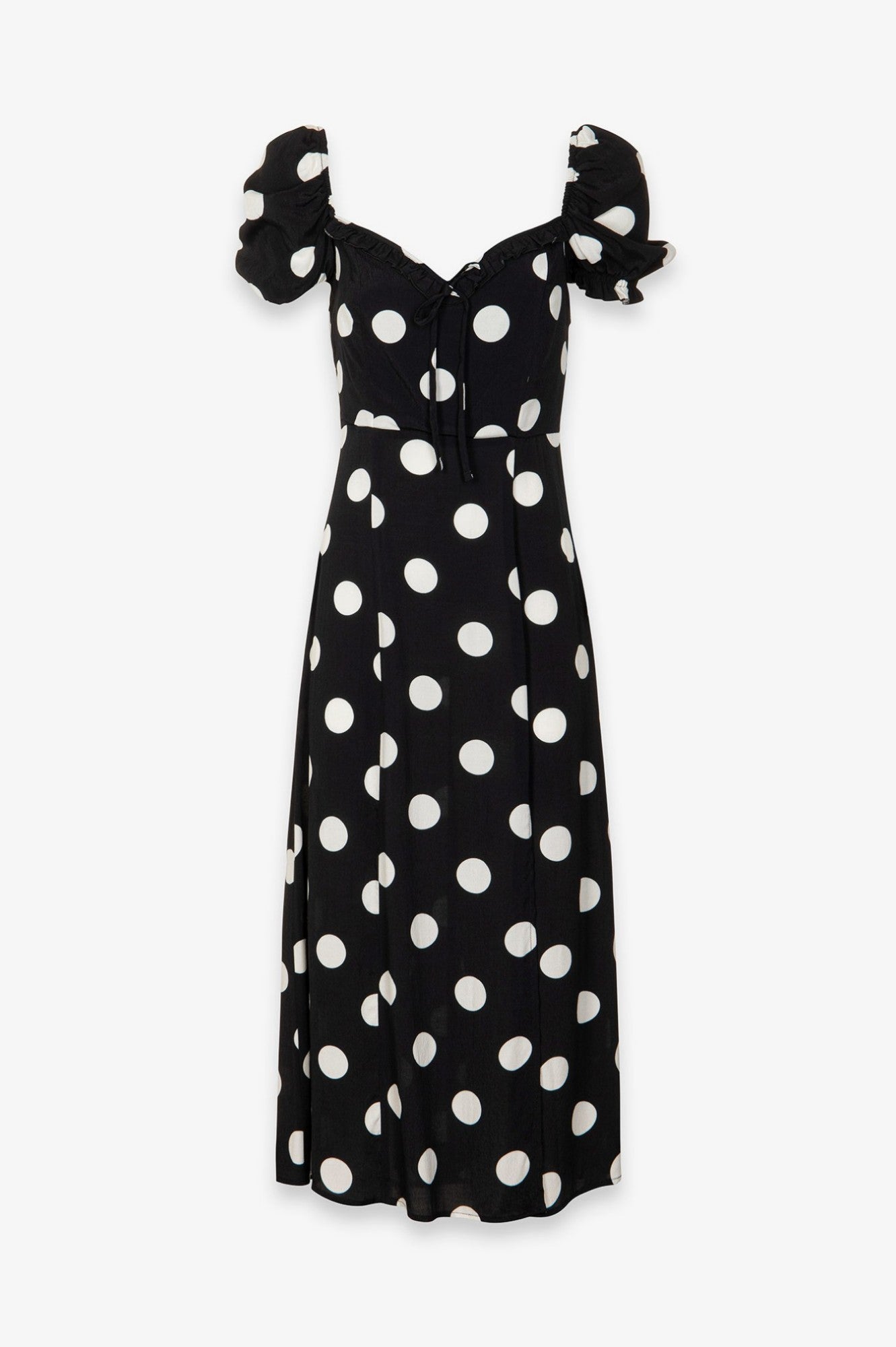 Nikita - Abito Midi A Mezza Manica Con Volant Sullo Scollo In Crepe • Pois Grande Nero Mar de Margaritas