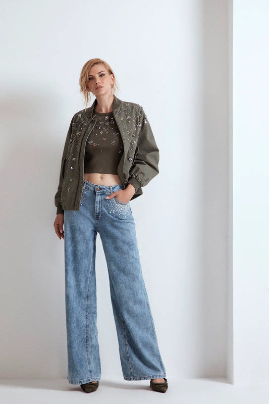 DENIM A PALAZZO AFRODITE CON STRASS SU TASCHE ODI ET AMO