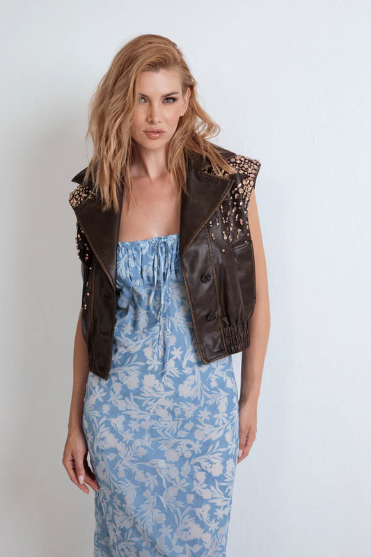 GILET CROP IN ECOPELLE RICAMATO A MANO ODI ET AMO