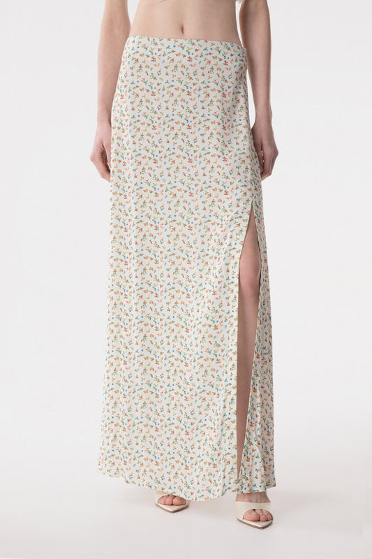 Anita - Gonna Lunga In Crepe Svasata Con Spacco Lateral • Jasmin Ecru Mar de Margaritas