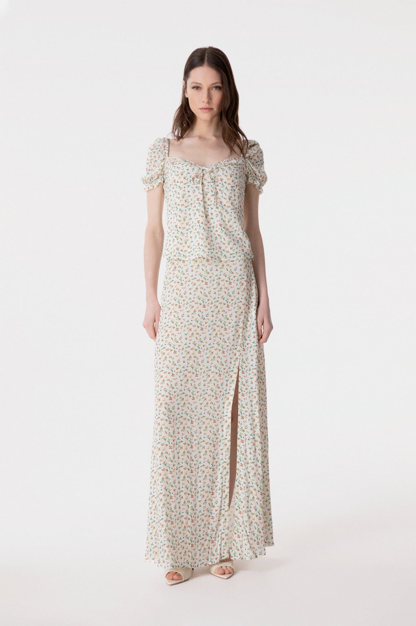 Anita - Gonna Lunga In Crepe Svasata Con Spacco Lateral • Jasmin Ecru Mar de Margaritas