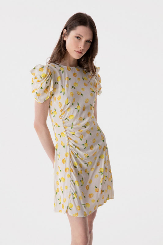 Karin - Abito Corto Con Drappeggio E Bottoncini In Crepe • Citron Ecru Mar de Margaritas