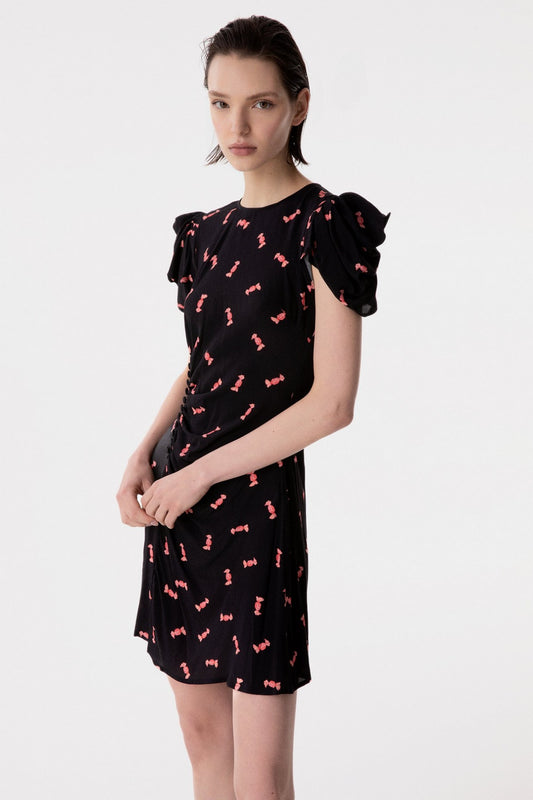 Karin - Abito Corto Con Drappeggio E Bottoncini In Crepe • Bon Bon Nero Mar de Margaritas
