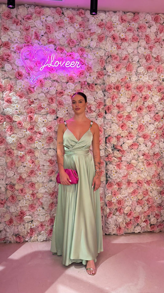 Abito lungo satin con spallina gioiello regolabile