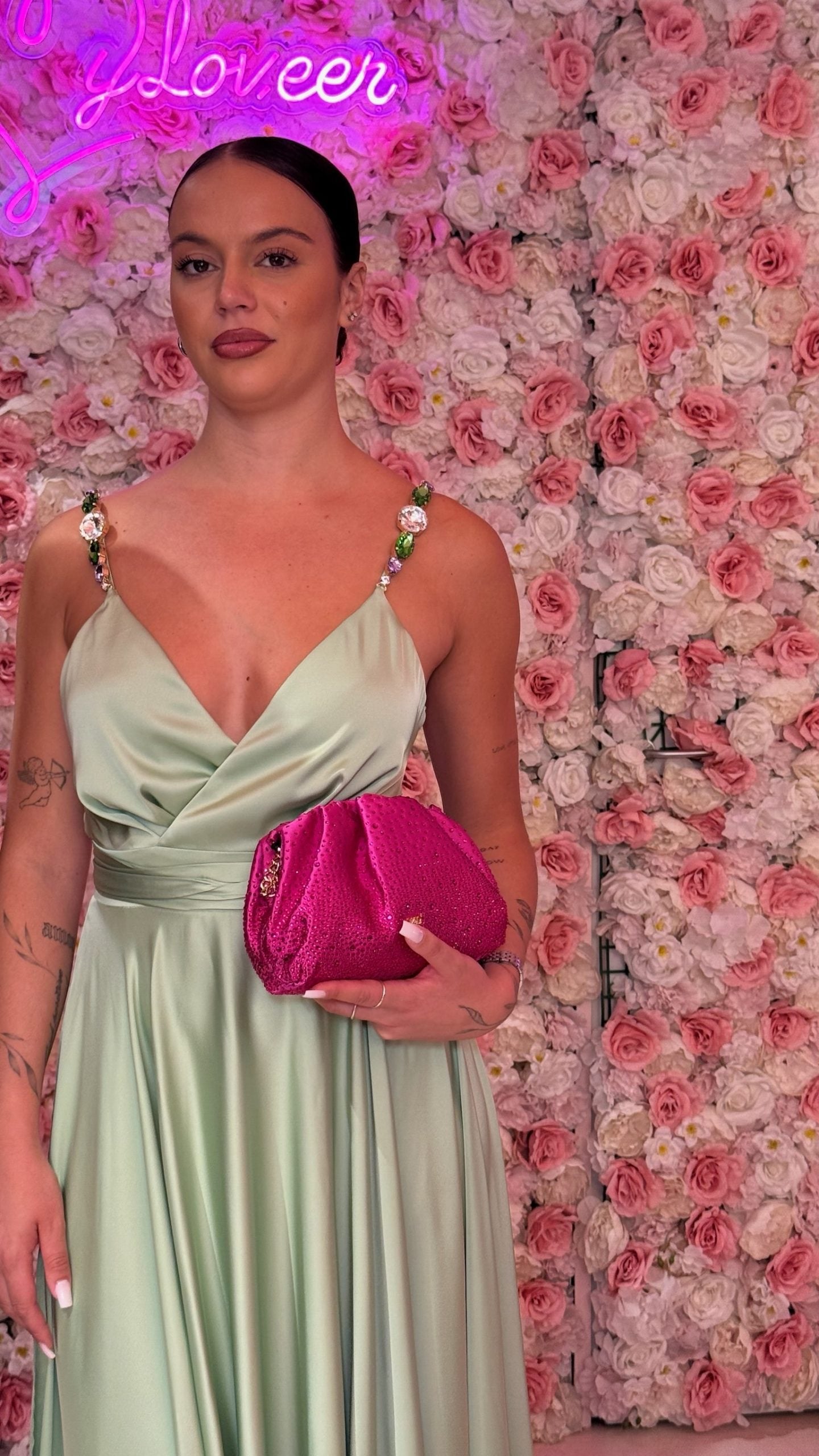 Abito lungo satin con spallina gioiello regolabile