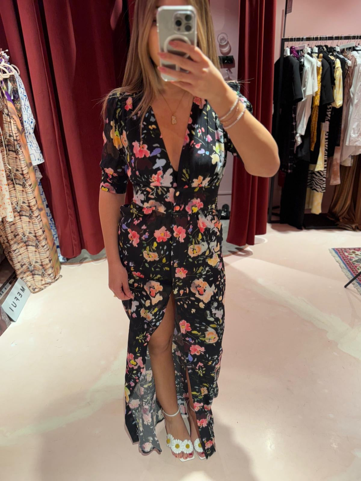 Cleo – abito lungo chemisier • Fleurs noir Mar de Margaritas