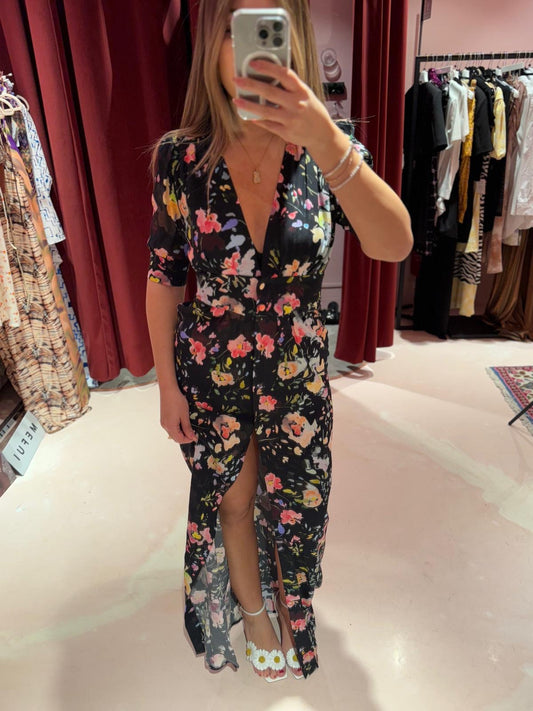 Cleo – abito lungo chemisier • Fleurs noir Mar de Margaritas