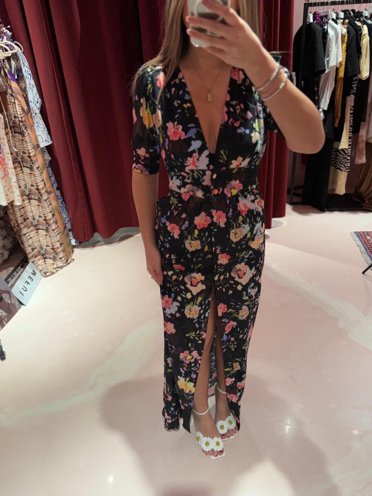 Cleo – abito lungo chemisier • Fleurs noir Mar de Margaritas