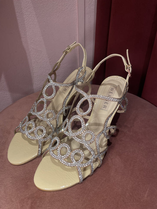 Sandalo strass in pelle e camoscio cipria