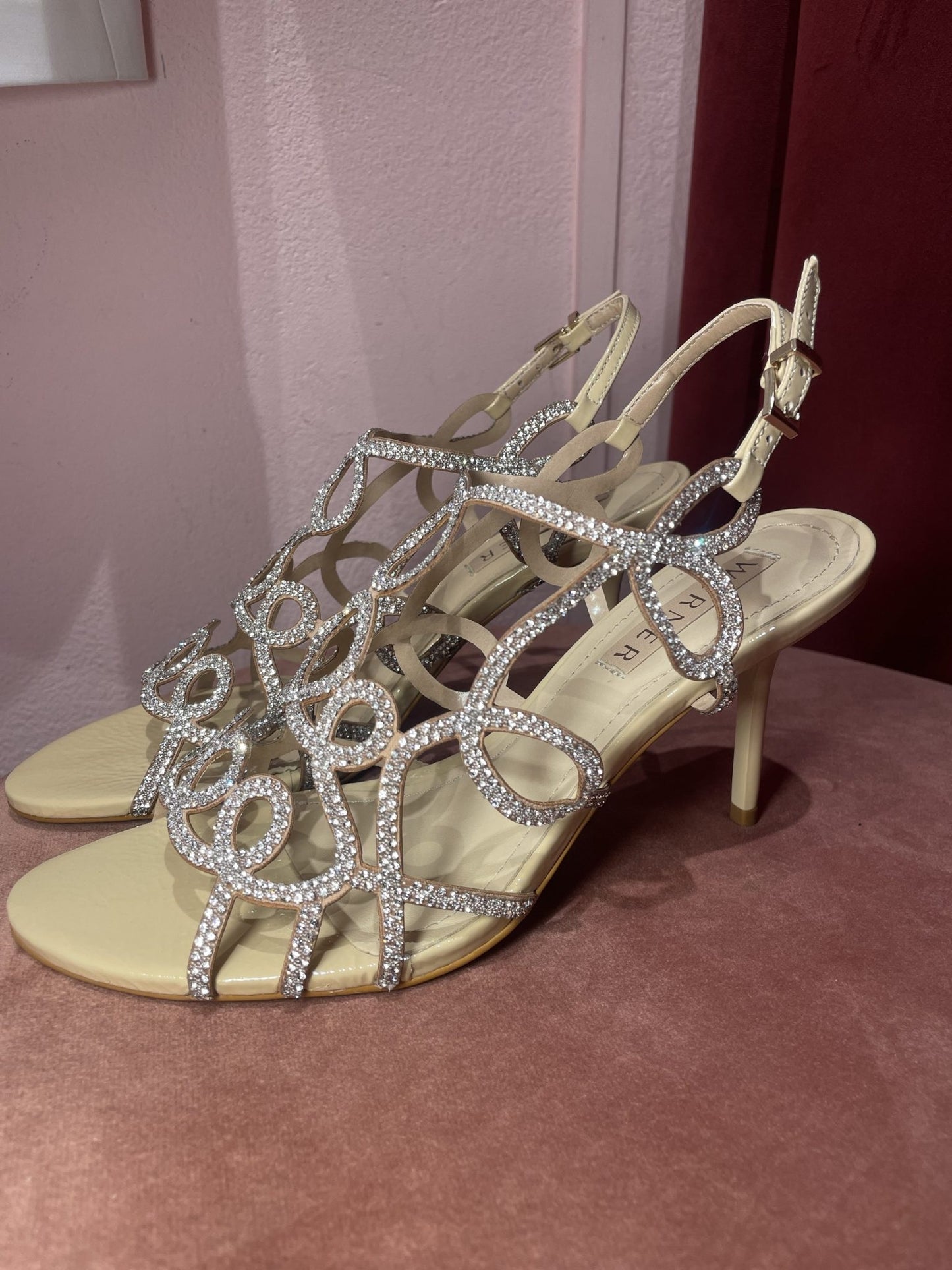 Sandalo strass in pelle e camoscio cipria